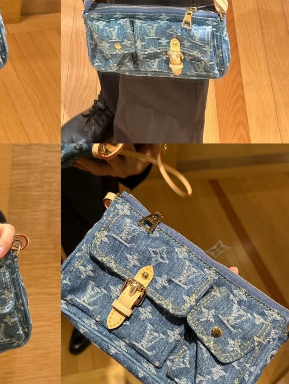 Cotton Blue Denim Monogram Travel Pouch with Apricot Leather Trim